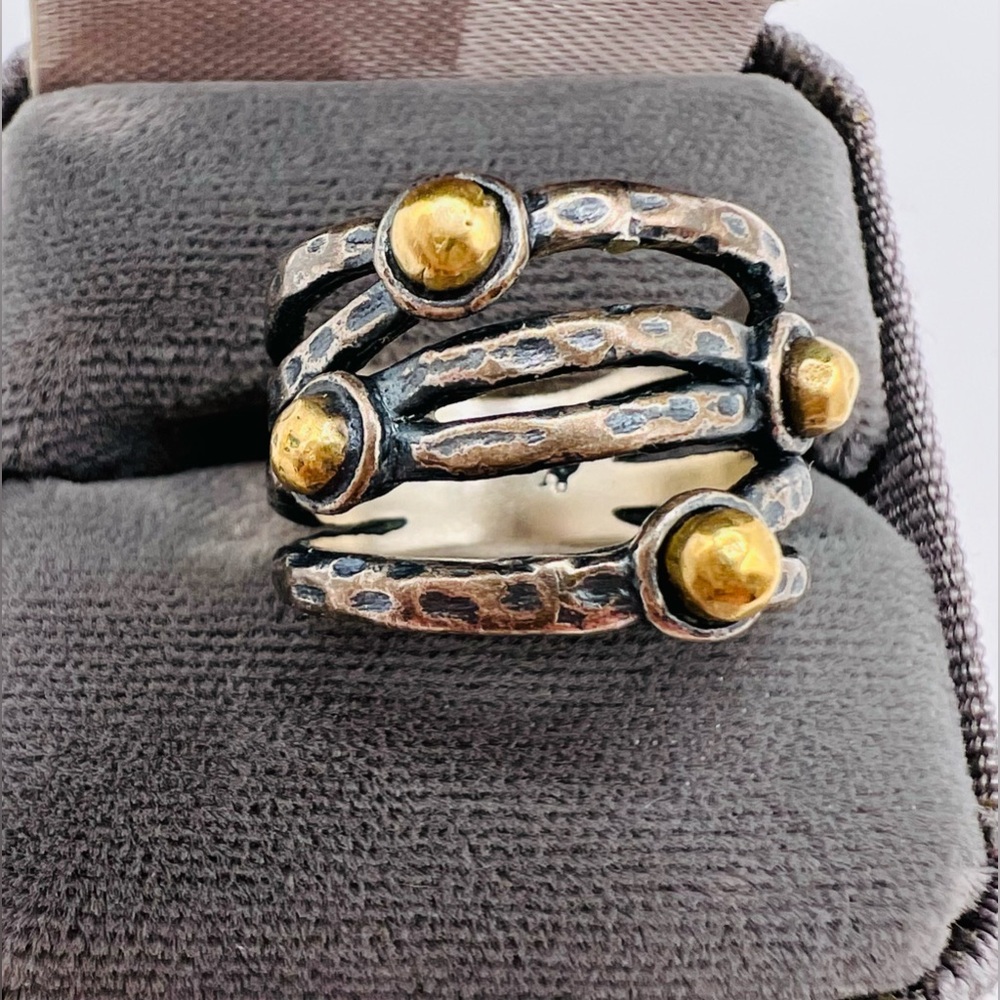 Grace & Heart Sterling Silver Gold Brass Ball & Textured open Design Ring Size 6 - Picture 2 of 7